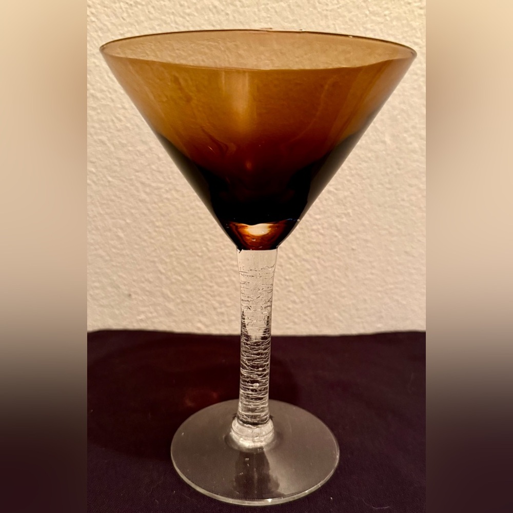 Pier 1 crackle glass stem, Brown Martini Glass 7.5”H